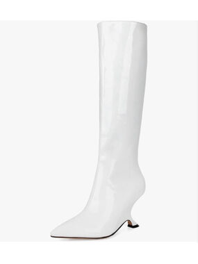 NEW White Patent Metallic Boots Knee High Sculptural Wedge Heel Boots 8.5